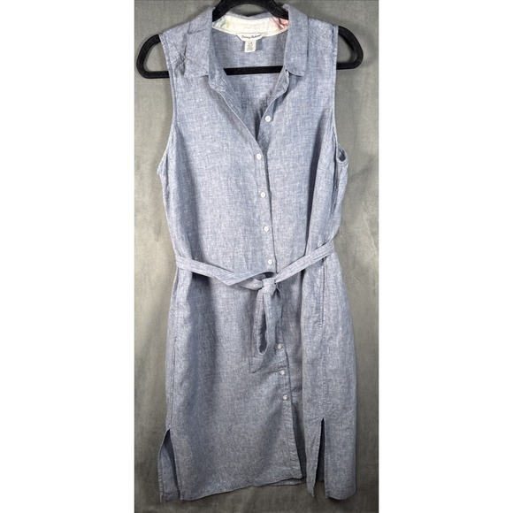 Tommy Bahama Dresses & Skirts - Tommy Bahama Linen Button Dress Size Large Light Blue Sleeveless w/‎ Tie Pockets
